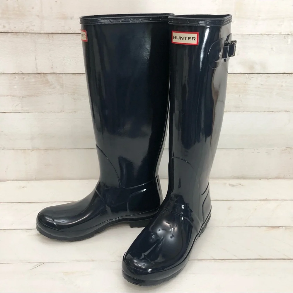 Hunter Navy Gloss Original Tall Rain Boots • Women's Sz 9 • NIB